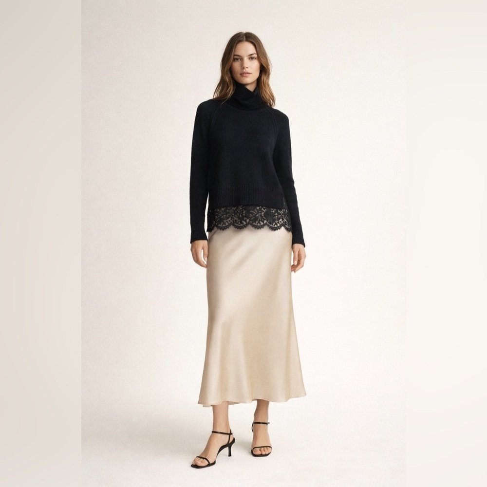 Brochu Walker wool cashmere blend black turtleneck sweater with lace detail. XS